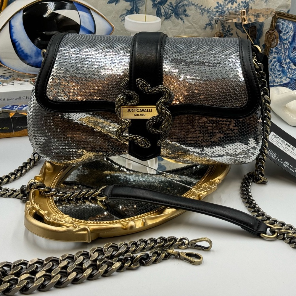 🆕 JUST CAVALLI 🧿 NWT Iconic Snakes Logo-Plaque Sequin Handbag - Picture 13 of 15